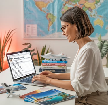 a woman sitting at a desk with a laptop computer