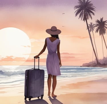 Soft background of a woman standing with a suitcase overlooking a Mexican beach at sunset, overlay t