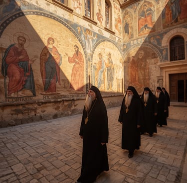 a group of priests in black robes standing in a courtyard