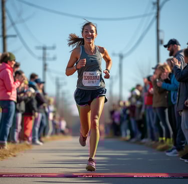 a woman running in a race with a crowd of people