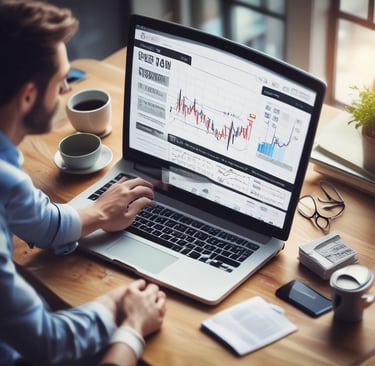  um homem sentado em uma mesa com um laptop e uma xícara de café