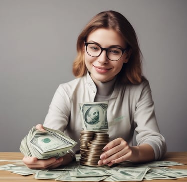 uma mulher está segurando uma pilha de dinheiro e uma pilha de moedas