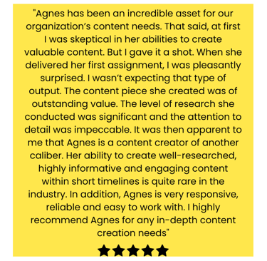 Agnes Gaddis content writer testimonial