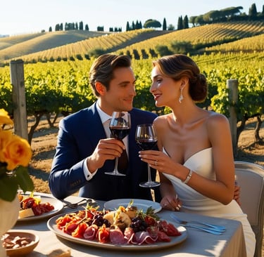 A couple savoring fine wine and antipasti at an exclusive Tuscan vineyard, surrounded by lush vineyards and golden countrysid