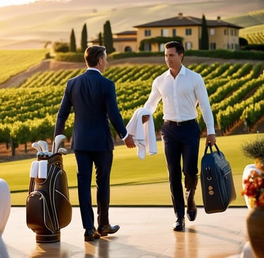 A personal butler delivering a golf bag and fresh towels to a guest, ensuring a five-star golf concierge experience in Tuscan