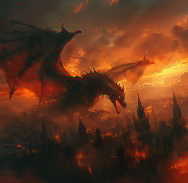 Dragon flying over burning citiscape