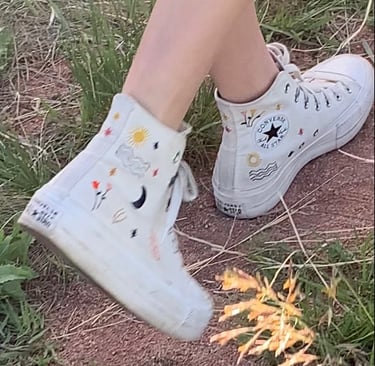 Picture of feet walking in pair of white Converse All-Stars high tops