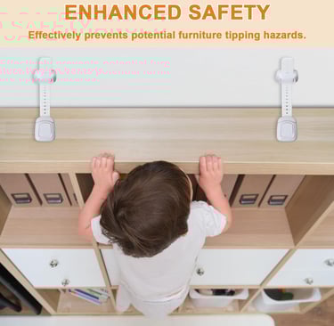 Infant climbing on bookcase with furniture straps