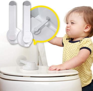 small child trying to open toilet with lock