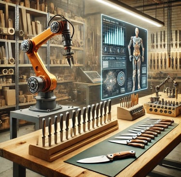 Custom knife workshop with AI technology and traditional tools on a modern workbench.