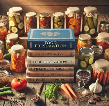Food preservation books with canning jars and dried herbs on a rustic table