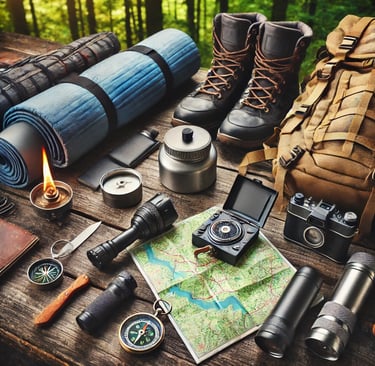 Essential camping gear flat lay, including a backpack, sleeping bag, portable stove, map, compass, and flashlight.