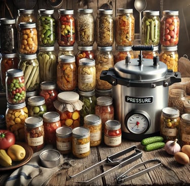 Assorted canning jars, pressure canner, and food supplies arranged for emergency preparedness