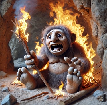 Cave troll accidentally on fire, looking shocked.