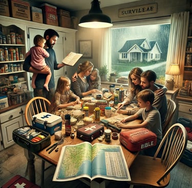 A Christian family gathered around a kitchen table, making survival plans with a Bible in the center and emergency supplies