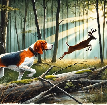 A serene watercolor depiction of a tricolor Walker Coonhound pursuing a leaping deer amidst a dense woodland.
