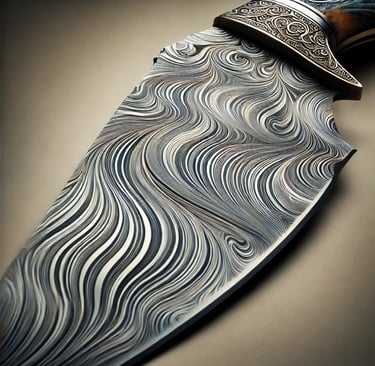 Close-up of a Damascus steel blade with intricate wavy patterns.