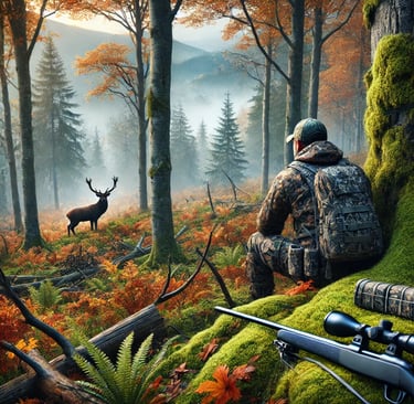 Hunter in forest during deer hunting season in autumn, preparing for the hunt.
