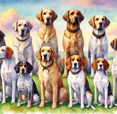 Watercolor painting of various hunting dogs facing the viewer in a grassy outdoor setting.
