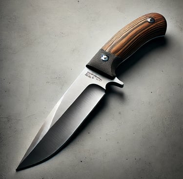 a fixed bladed knife blade with wooden handle