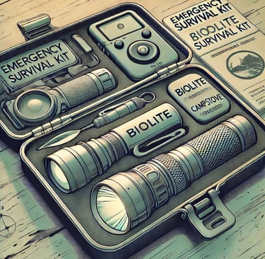 Compact survival kit with flashlight, stove, and guide on a rugged surface