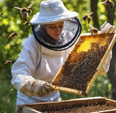 a beekeeper in a beehive with bees and bees