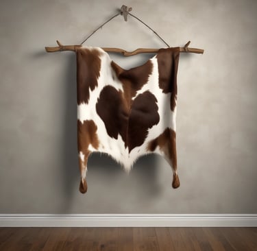 Brown and White Cow Hide hanging on a wooden frame
