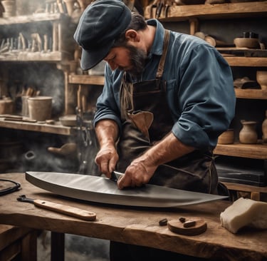 a man in a hat and apron is making a large piece of art
