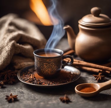 A cozy cup of herbal tea surrounded by dried herbs like chamomile, peppermint, lavender, and hibiscus, evoking warmth