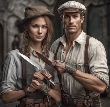 Two people holding custom made knife blades