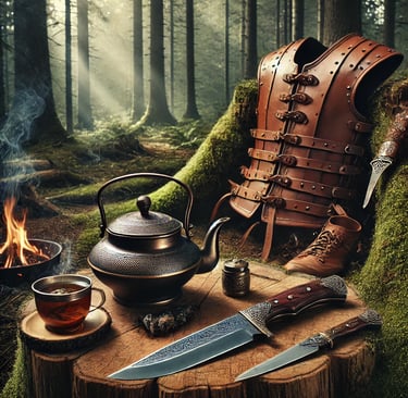 a teapot with a knife and a knife on a table