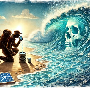 Survival scene with ocean waves and a solar still depicted in watercolor style.
