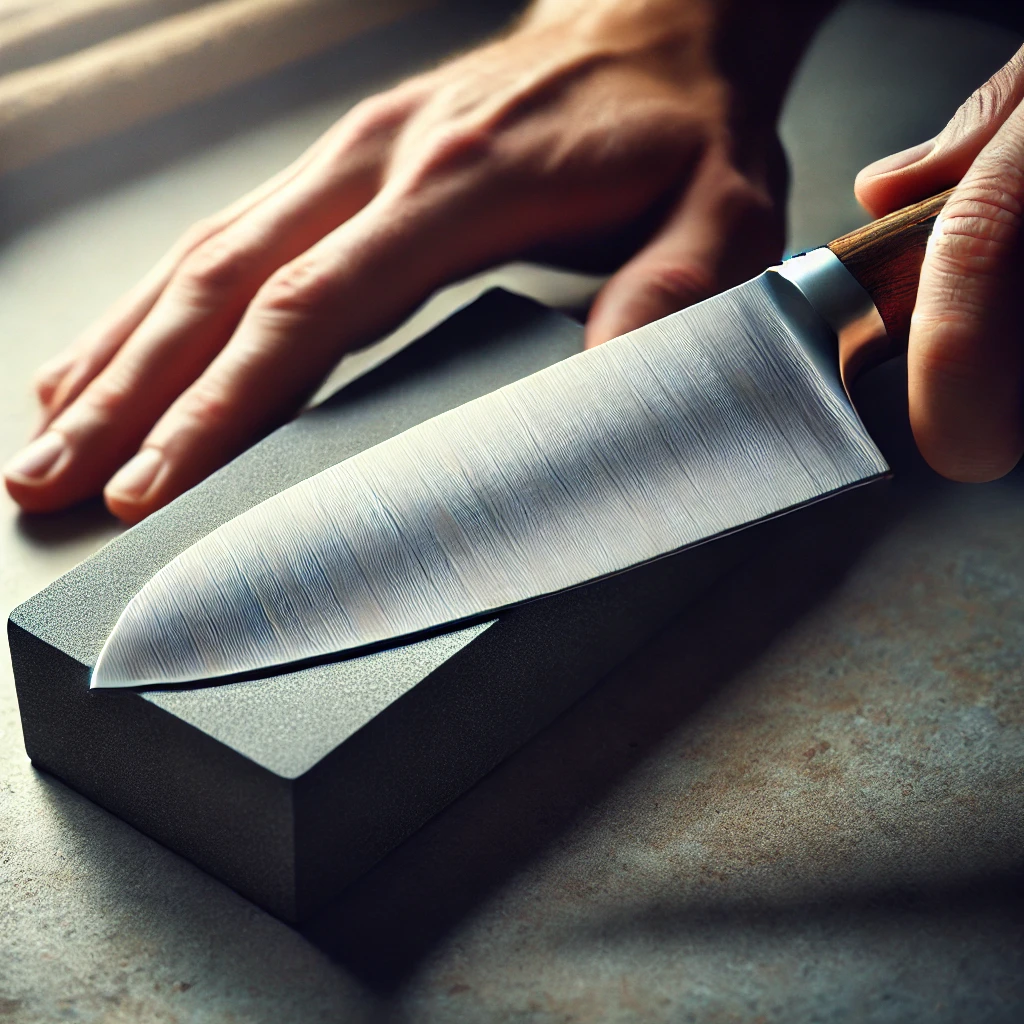 Knife blade being sharpened on a whetstone