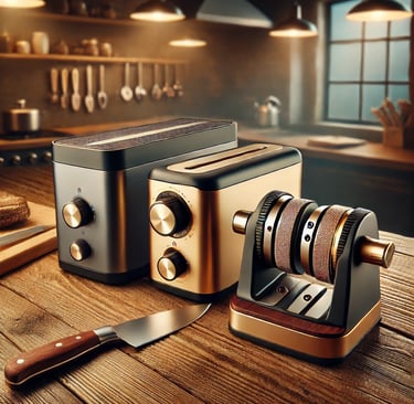 Three knife sharpeners on a wooden countertop