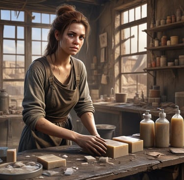 a woman making soap in an apocalyptic setting