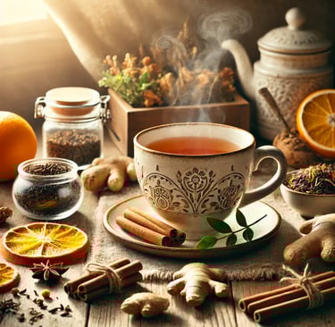 A steaming cup of herbal tea surrounded by ginger root, orange slices, cinnamon sticks, and fresh herbs on a rustic table