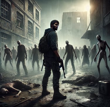 a man in a post apocalyptic world surrounded by flesh eating zombies