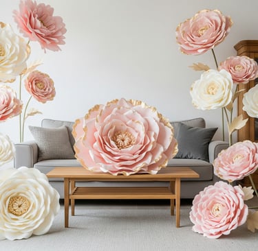 pink and white giant paper flowers display in living room