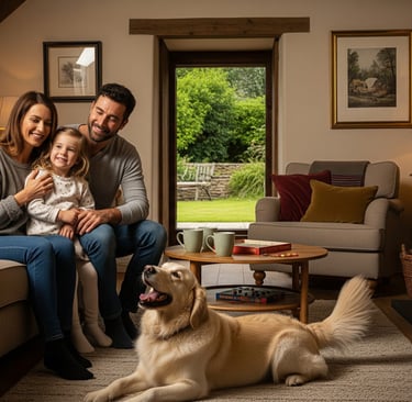 a family sitting on a couch in a living room