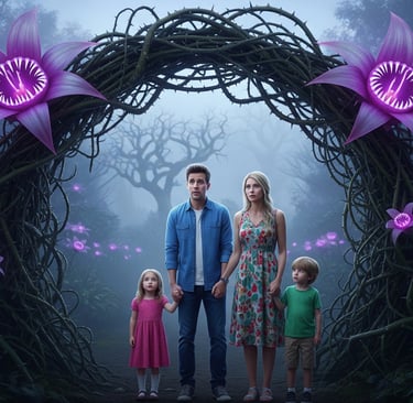 a family standing in front of a dark background