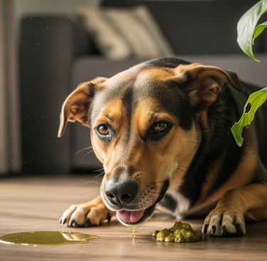 a dog is laying on the floor next to a potted plant