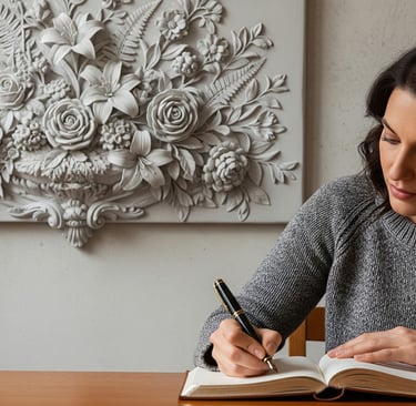 a woman is writing in a book