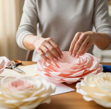 a woman is making a paper flower arrangement