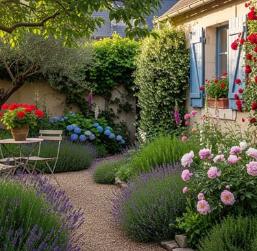 a garden with a table and chairs and flowers