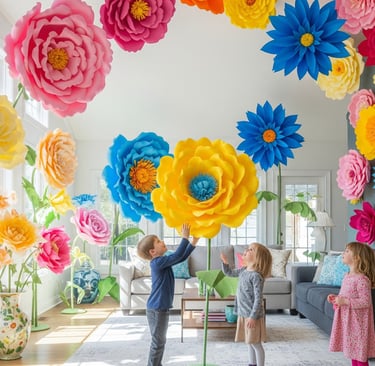 two children playing with giant paper flowers