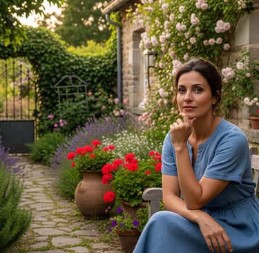 a woman sitting on a bench in a garden