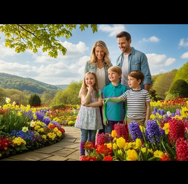 a family of four standing in a garden