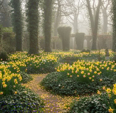 a garden with a path leading through a garden