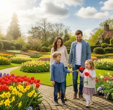 a family of three children walking through a garden