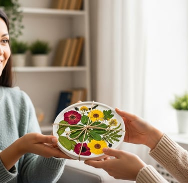 a woman holding a plate with flowers on it